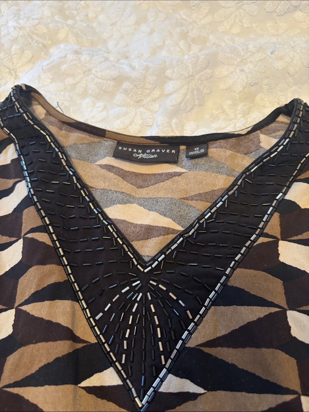 Susan Graver Brown & Black Geometric V-Neck Long Sleeve Top - Picture 2 of 2